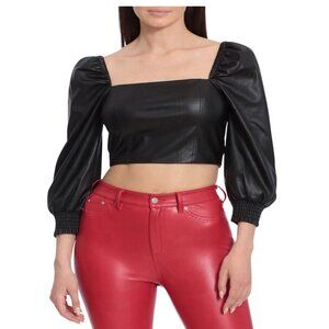 Avec‎ Les Filles Vegan Leather Puff Sleeve Cropped Top Size L Black NWT